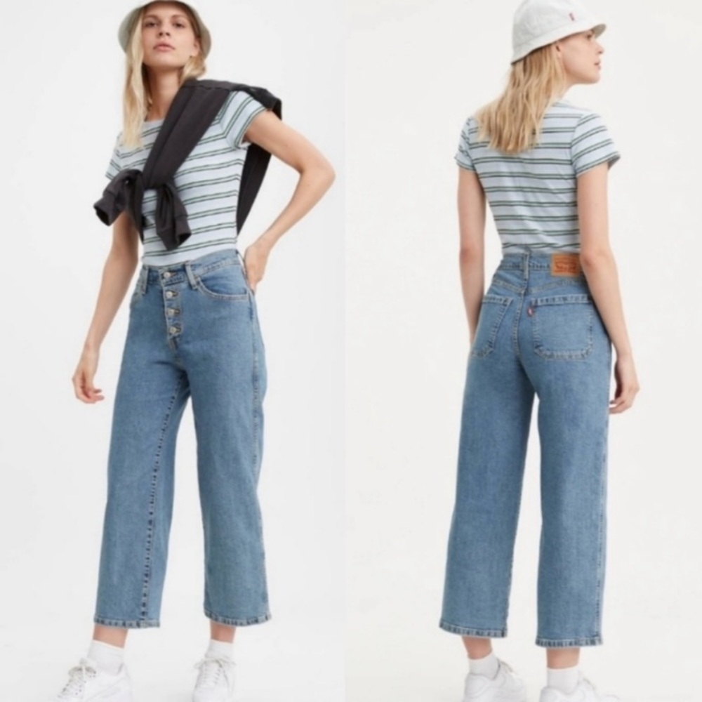 Levi's Mile High Cropped Wide Leg Jeans Button Fly Soft Blue Wash Size 24